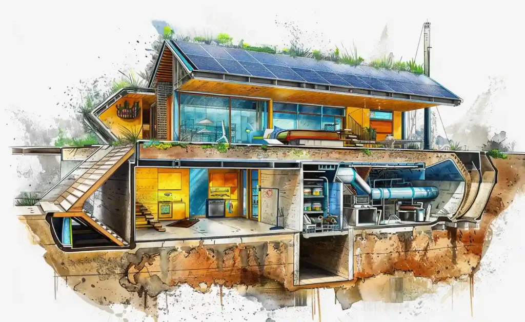 Earthship sustainable home made from recycled materials like tires and bottles, utilizing solar energy